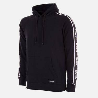Flat-lay of the black COPA Logo Hooded Sweater, featuring white logo taping along the sleeves.