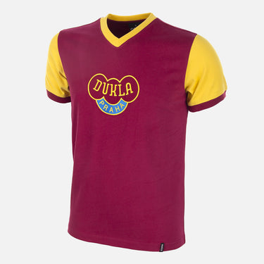 Flat-lay of the Dukla Prague 1960's Retro Football Shirt, featuring a maroon body with yellow sleeves and the iconic Dukla emblem.