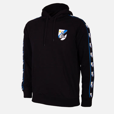 Flat-lay of the black hooded sweater with club crest and ribbon detailing visible on the sleeves.