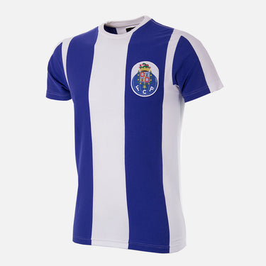 Front view of the FC Porto Retro T-Shirt, featuring blue and white vertical stripes with the club crest on the chest.