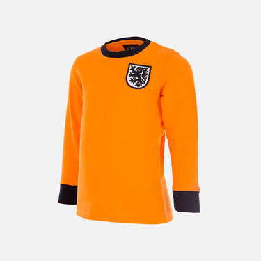 Flat lay of the Holland 'My First Football Shirt' featuring a vibrant orange design with black cuffs and collar.