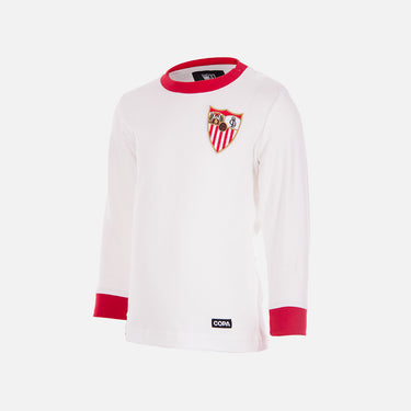 Sevilla FC 'My First Football Shirt' displayed on a white background, featuring red cuffs and a red collar.