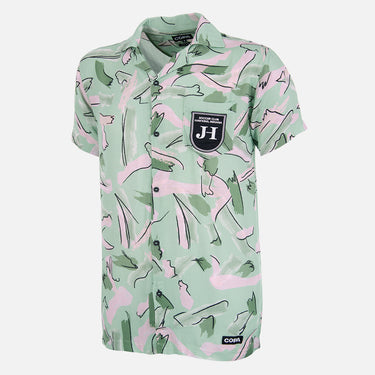 Flat lay of the Hopper Camp Collar Shirt featuring a tropical print design.