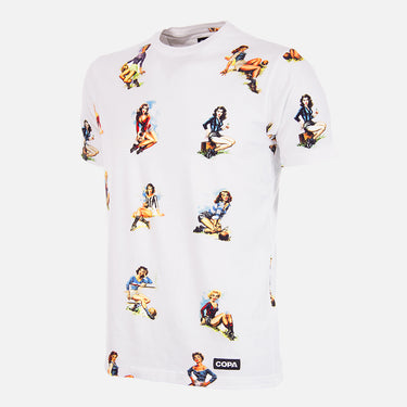 Flat-lay of the Calcio Donna T-Shirt, featuring an all-over print of vintage-style female football illustrations.