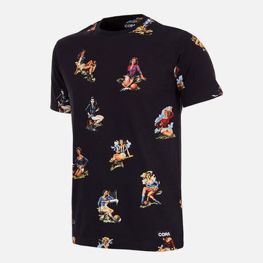 Calcio Donna T-Shirt displayed on a white background, featuring a black fabric with a repeating pattern of vintage-style female football illustrations.
