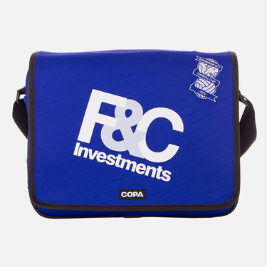 Front view of purple Recycled Courier Bag with white stripes and bold red text reading A.V. WANROOIJ BEST.