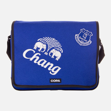 Front view of blue Recycled Courier Bag with white Chang beer logo and COPA branding.