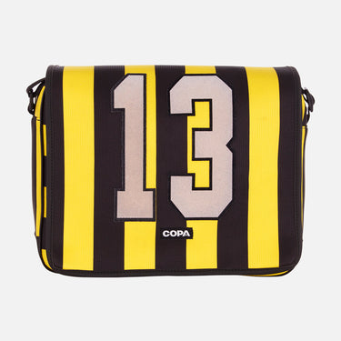 Front view of yellow and black striped Recycled Courier Bag with large white number 13 and small COPA logo.