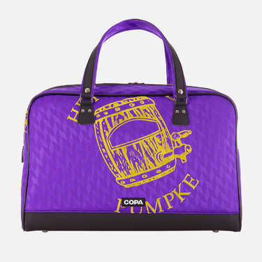 Flat-lay of the Recycled Football Bag with vintage football graphic of the badge of Pumpke and black handles.