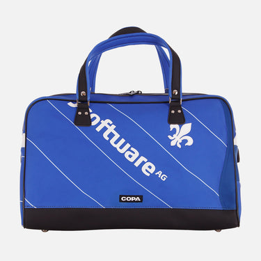 Flat-lay of the blue Recycled Football Bag made from a football shirt with "software AG" sponsor and fleur-de-lis logo.