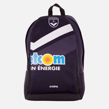 Front view of the Bordeaux recycled backpack made from a classic football shirt