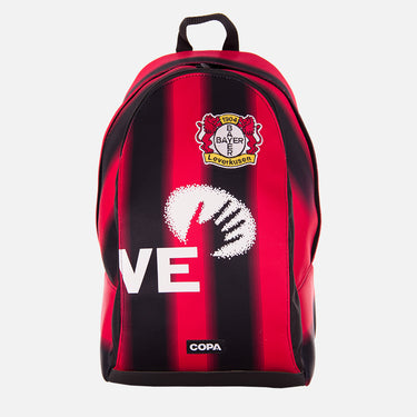 Front view of the Bayer Leverkusen recycled backpack made from a classic football shirt