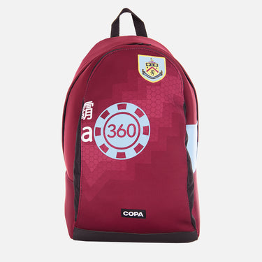 Front view of the Burnley recycled backpack made from a classic football shirt