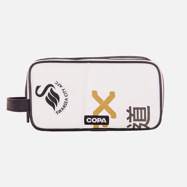 Front view of the recycled toiletry bag featuring a repurposed football shirt with a Swansea badge and COPA logo