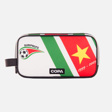 Front view of the recycled toiletry bag featuring a repurposed football shirt with a Suriname badge and COPA logo