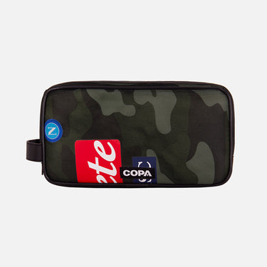 Front view of the recycled toiletry bag featuring a repurposed football shirt with a Napoli badge and COPA logo