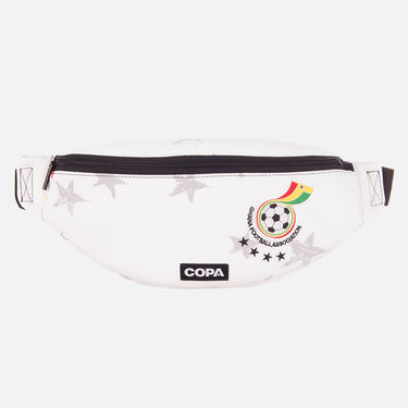 Front view of the recycled fanny pack featuring a repurposed football shirt with a Ghana badge and COPA logo