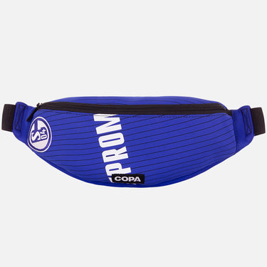 Front view of the recycled fanny pack featuring a repurposed football shirt with a Schalke 04 badge and COPA logo