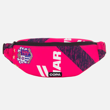 Front view of the recycled fanny pack featuring a repurposed football shirt with a Cerezo Osaka badge and COPA logo