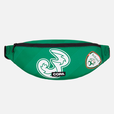 Front view of the recycled fanny pack featuring a repurposed football shirt with a Ireland badge and COPA logo