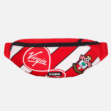 Front view of the recycled fanny pack featuring a repurposed football shirt with a Southampton badge and COPA logo