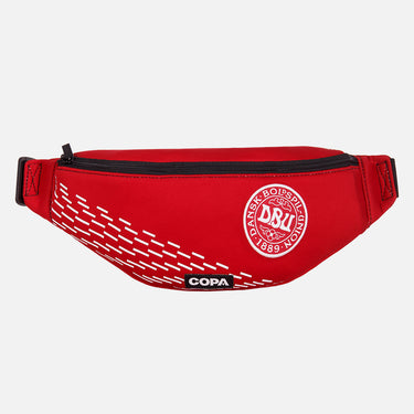 Front view of the recycled fanny pack featuring a repurposed football shirt with a Denmark badge and COPA logo
