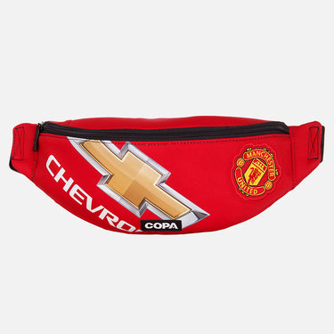 Front view of the recycled fanny pack featuring a repurposed football shirt with a Manchester United badge and COPA logo
