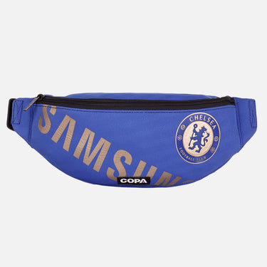 Front view of the recycled fanny pack featuring a repurposed football shirt with a Chelsea badge and COPA logo