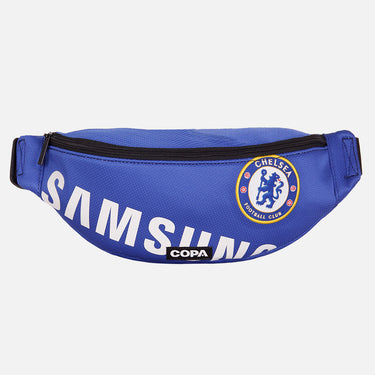 Front view of the recycled fanny pack featuring a repurposed football shirt with a Chelsea badge and COPA logo