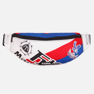 Front view of the recycled fanny pack featuring a repurposed football shirt with a Crystal Palace badge and COPA logo
