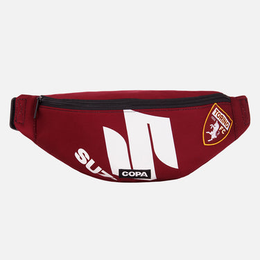 Front view of the recycled fanny pack featuring a repurposed football shirt with a Torino badge and COPA logo