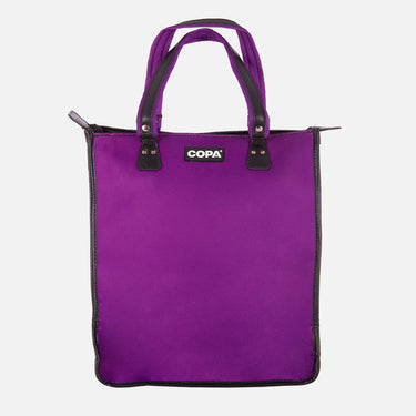 Front-facing view of the purple shopping bag showing full structure and handle attachments.
