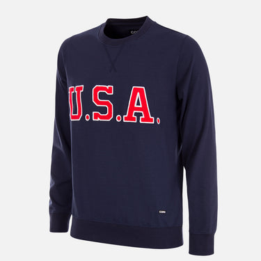 Flat-lay of the USA 1934 Retro Football Sweater featuring large red 'U.S.A.' letters across the chest