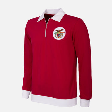 Flat-lay of the SL Benfica 1962 – 63 Retro Football Jacket, red with white collar and cuffs and embroidered club crest on chest
