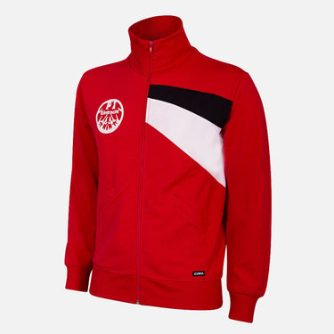 Red Eintracht Frankfurt retro track jacket with white and black diagonal design and embroidered club crest