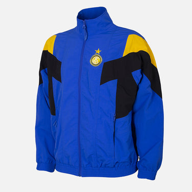 Blue and black Inter Milan retro track jacket with yellow shoulder details and embroidered club crest