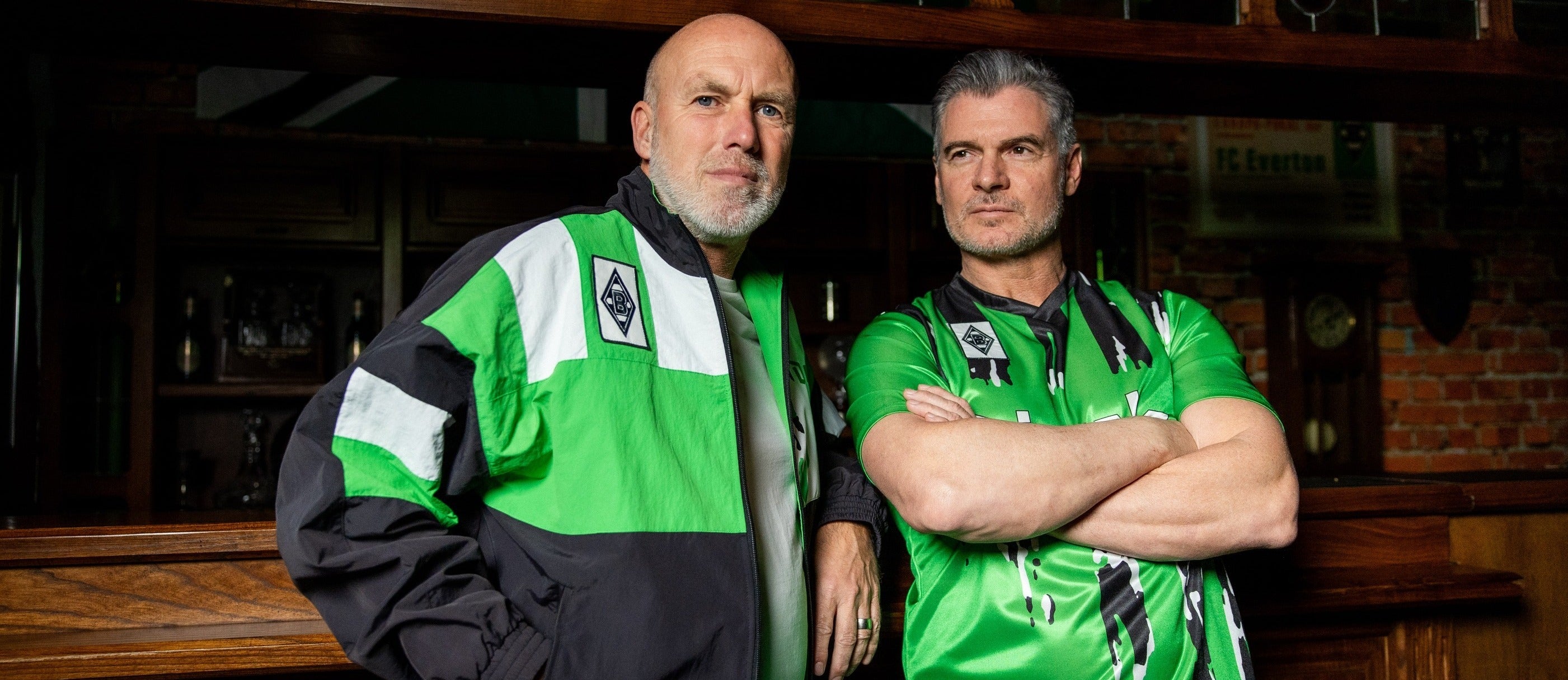 Borussia Mönchengladbach 1995 Retro Football Jacket and Borussia Monchengladbach 1994 - 95 Away Retro Football Shirt being worn