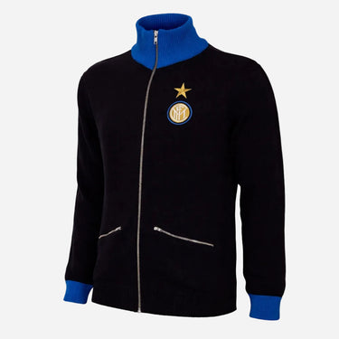 FC Internazionale 1960s retro football jacket front view in black with blue collar and gold star crest
