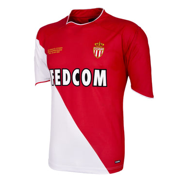 Flat lay of the AS Monaco 2003 - 04 Retro Football Shirt, featuring the classic red and white diagonal design with Fedcom sponsor.