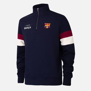 FC Barcelona 1899 Navy Half Zip Sweater with retro crest and white-red sleeve stripes