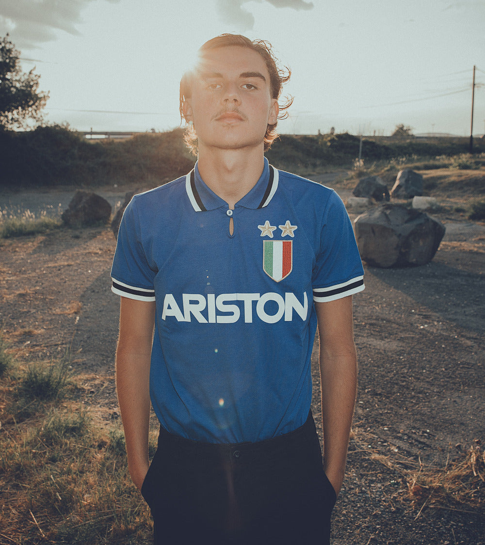 Model wearing the Juventus FC 1983 Away Retro Football Shirt