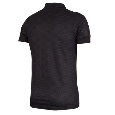 Back view of the black polo shirt, showing its clean design with a subtle geometric pattern woven into the fabric.
