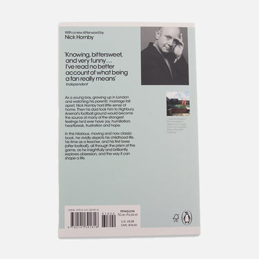Back cover of Fever Pitch with synopsis text and author portrait