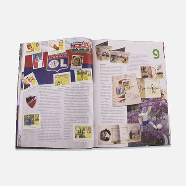 Interior spread with nostalgic football magazine clippings and stickers