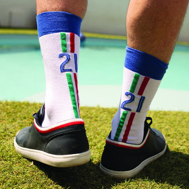 model wearing casual white socks football team Italy with Italian flag and number 21