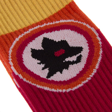 detail of black wolf logo on casuel red terry socks football club AS Roma