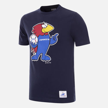 Flat lay of the France 1998 World Cup Footix Mascot T-Shirt, featuring a navy blue base with the iconic Footix mascot graphic.