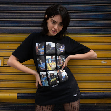 Model wearing the Bomboneras Collage T-Shirt in an urban setting.