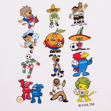 Close-up of the T-shirt’s FIFA World Cup mascot collage, showcasing vibrant illustrations of famous tournament mascots.
