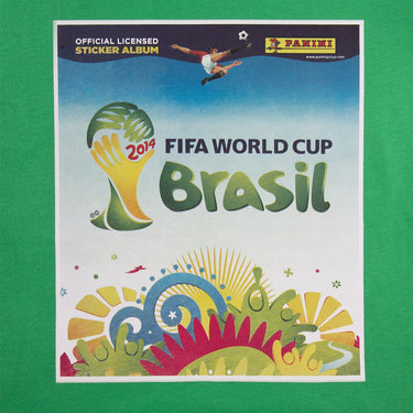 Close-up of the sticker album cover print, showcasing the FIFA World Cup Brazil logo with the iconic yellow and green Panini branding.